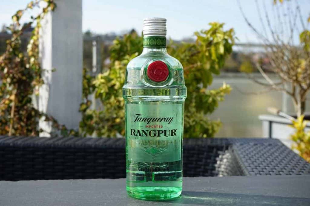 Auf einem Tisch im Freien steht eine grüne Flasche Tanqueray Rangpur Gin; im Tageslicht sind Pflanzen und ein unscharfer Hintergrund zu sehen.