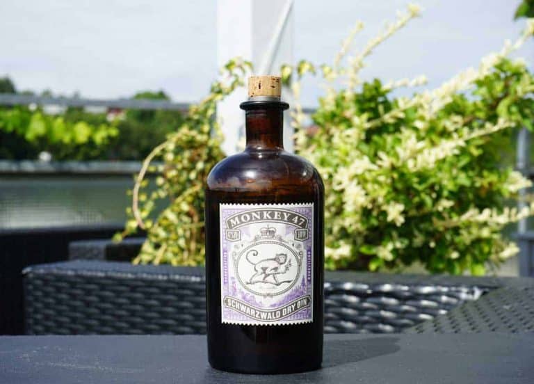 Auf einem dunklen Tisch im Freien steht eine braune Glasflasche „Monkey 47 Schwarzwald Dry Gin“ mit Korkverschluss, im Hintergrund sind grünes Laub und weiße Blüten zu sehen.