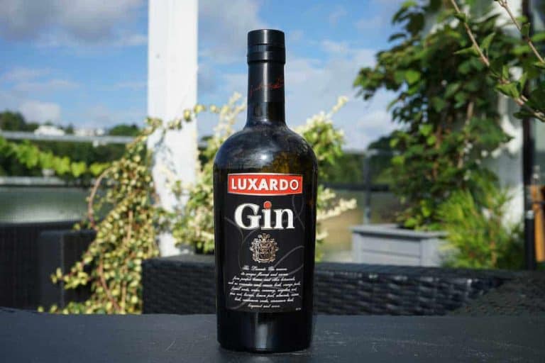 Auf einem Tisch im Freien steht eine Flasche Luxardo Gin, umgeben von Grünpflanzen und Terrassenmöbeln unter einem teilweise bewölkten Himmel.