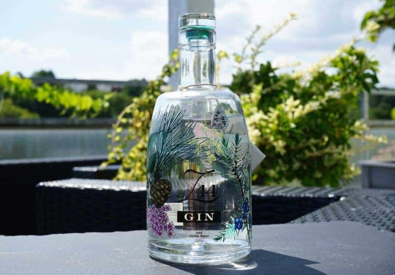 Eine durchsichtige Gin-Flasche mit Botanik-Illustrationen steht auf einem Tisch im Freien, im Hintergrund sind Grünpflanzen und Wasser verschwommen zu sehen.