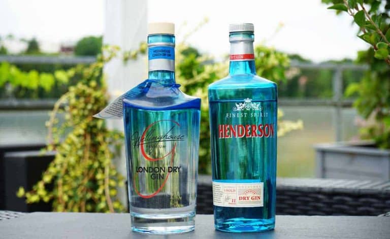 Auf einem Tisch im Freien, umgeben von Pflanzen und vor einem unscharfen Hintergrund, stehen zwei blaue Flaschen London Dry Gin. Die linke Flasche ist von Ginhouse, die rechte von Henderson.