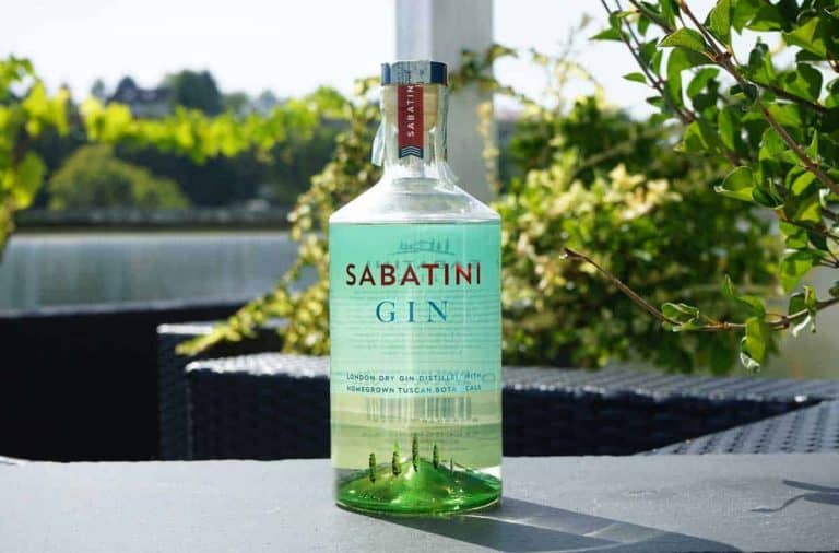 An einem sonnigen Tag steht eine Flasche Sabatini Gin auf einem Tisch im Freien, umgeben von grünen Pflanzen und mit einem See im Hintergrund.