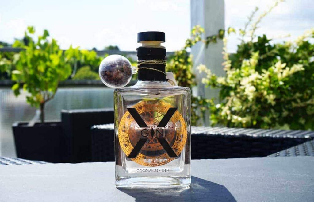 Auf einem Tisch im Freien steht eine Gin-Flasche aus klarem Glas mit einem gold-schwarzen Etikett; im unscharfen Hintergrund sind Grünpflanzen und Wasser zu sehen.