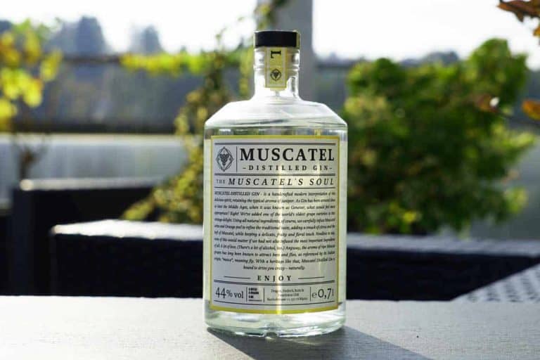 Auf einem Tisch im Freien steht eine durchsichtige Flasche Muscatel-Gin mit einem weißen Etikett, im Hintergrund sind Grünpflanzen und verschwommene Pflanzen zu sehen. Sonnenlicht fällt auf die Flasche und lässt den Text auf dem Etikett sowie die durchsichtige Flüssigkeit hervortreten.