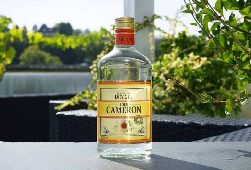 Auf einem Tisch im Freien steht eine Flasche „Lord Cameron Traditional Dry Gin“, im Hintergrund sind Grünpflanzen und eine verschwommene Wasserkulisse zu sehen.