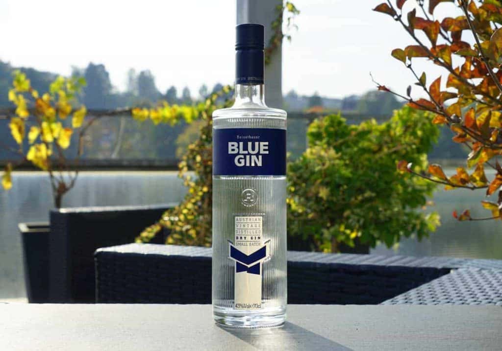 Auf einem Tisch im Freien steht eine durchsichtige Flasche Blue Gin, daneben befinden sich grüne und orangefarbene Pflanzen, im Hintergrund ist verschwommen ein See zu sehen.