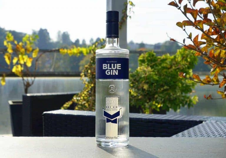 Auf einem Tisch im Freien steht eine durchsichtige Flasche Blue Gin, daneben befinden sich grüne und orangefarbene Pflanzen, im Hintergrund ist verschwommen ein See zu sehen.