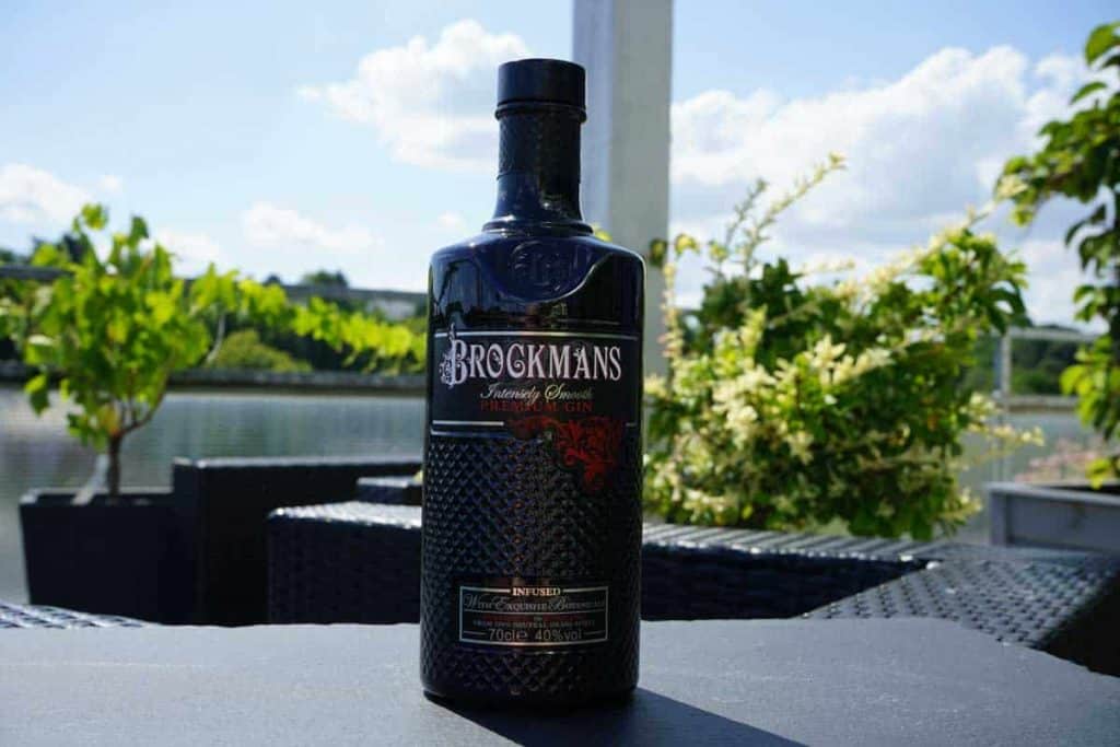 Auf einem schwarzen Gartentisch steht eine Flasche Brockmans Gin; im verschwommenen Hintergrund sind an einem sonnigen Tag Grünpflanzen, Topfpflanzen und ein Gewässer zu sehen.