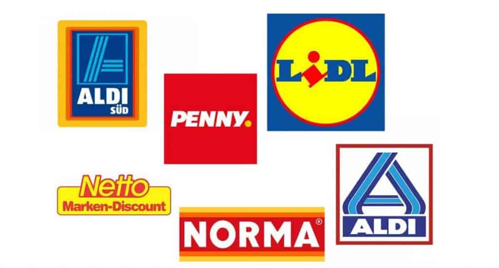 Logos von sechs deutschen Supermarktketten: ALDI SÜD, PENNY, LIDL, Netto Marken-Discount, NORMA und ALDI, angeordnet auf weißem Hintergrund.