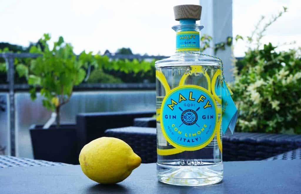 Auf einem Tisch steht eine Flasche Malfy Gin Con Limone neben einer ganzen Zitrone, dahinter sind Grünpflanzen und ein unscharfer Außenbereich zu sehen.