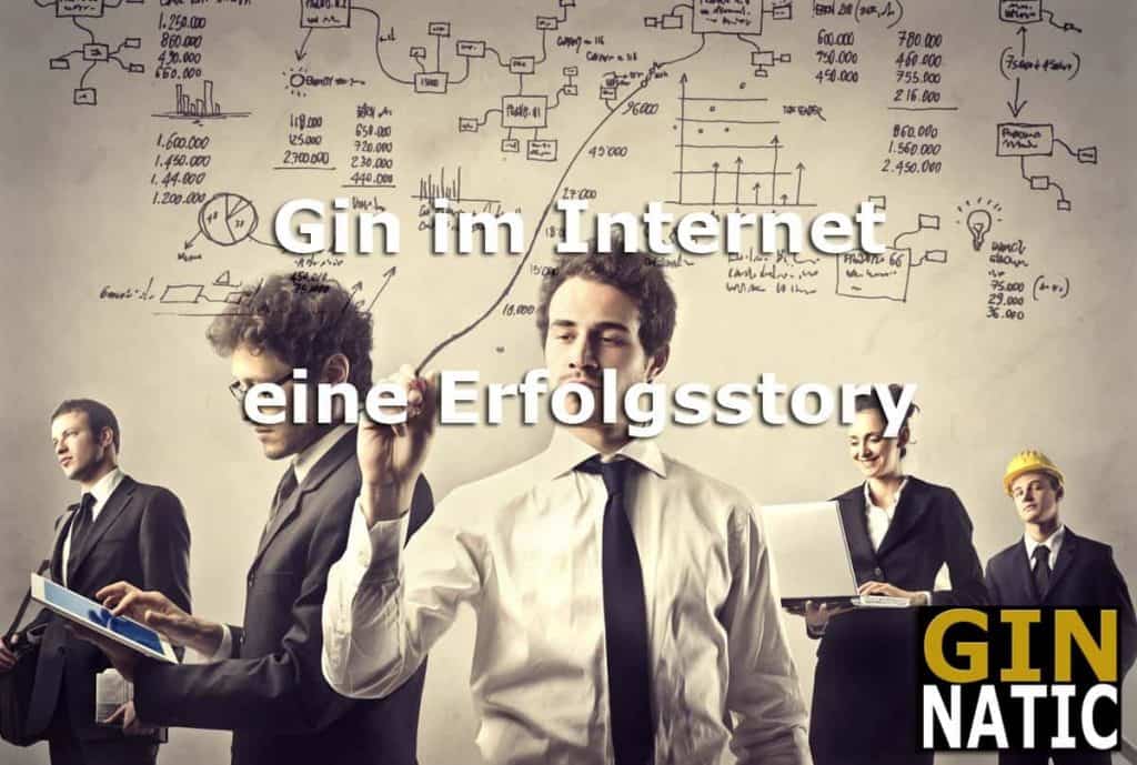 Fünf Personen in Geschäftskleidung arbeiten mit Technik und Diagrammen; der Text auf Deutsch lautet: „Gin im Internet, eine Erfolgsgeschichte“. Unten rechts steht „GIN NATIC“ in Fettdruck.
