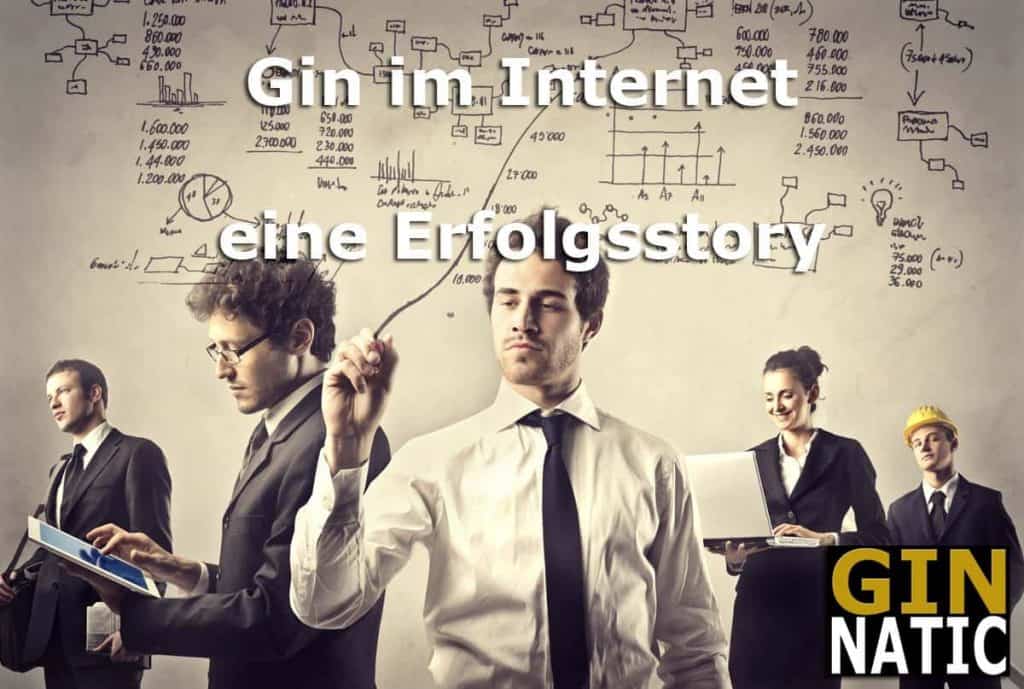 Fünf Fachleute in Geschäftskleidung stehen vor einer Wand mit Diagrammen; einer schreibt mit einem Filzstift darauf. Der darüberliegende deutsche Text lautet: „Gin im Internet – eine Erfolgsgeschichte“. In der Ecke ist das GIN NATIC-Logo zu sehen.