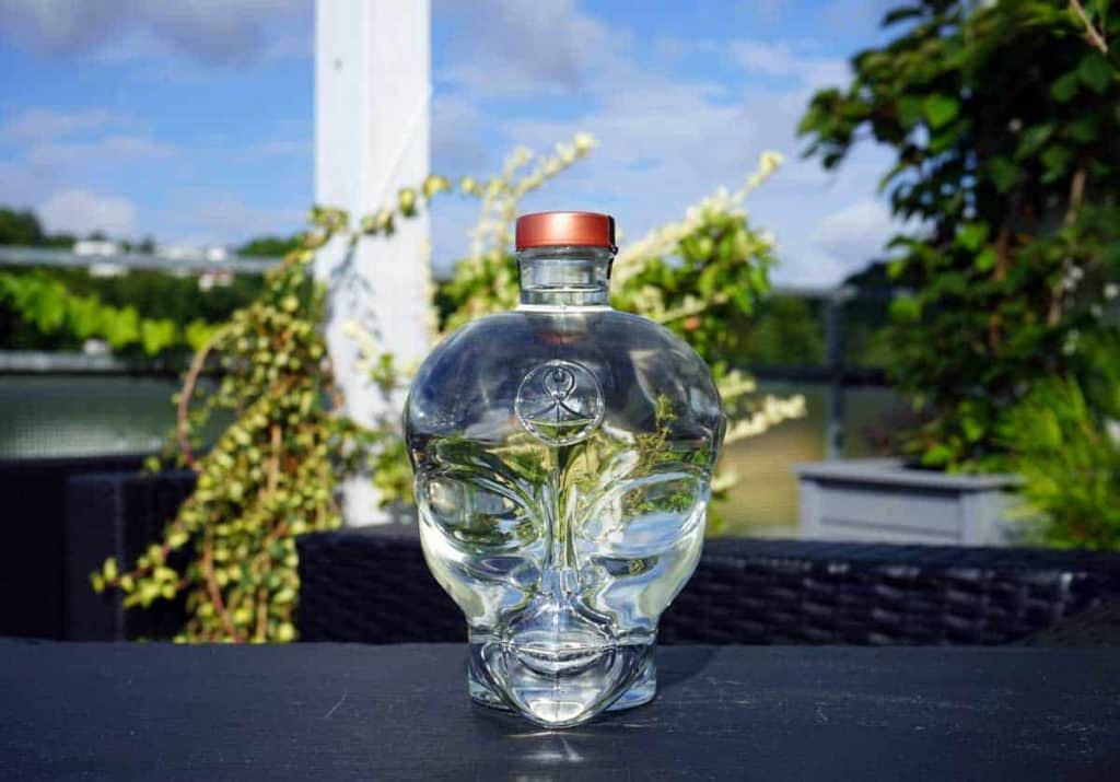 Eine durchsichtige, schädelförmige Glasflasche mit einem Kupferverschluss steht im Freien auf einer dunklen Fläche, umgeben von grünen Pflanzen und vor dem Hintergrund eines hellen, teilweise bewölkten Himmels.