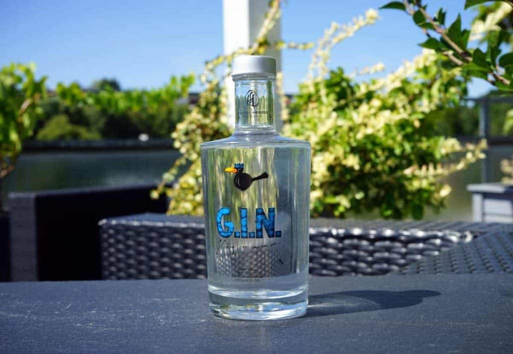 Auf einem dunklen Tisch im Freien steht eine durchsichtige Gin-Flasche mit blauer Beschriftung. Im Sonnenlicht sind grüne Pflanzen und ein verschwommener Hintergrund im Freien zu sehen.