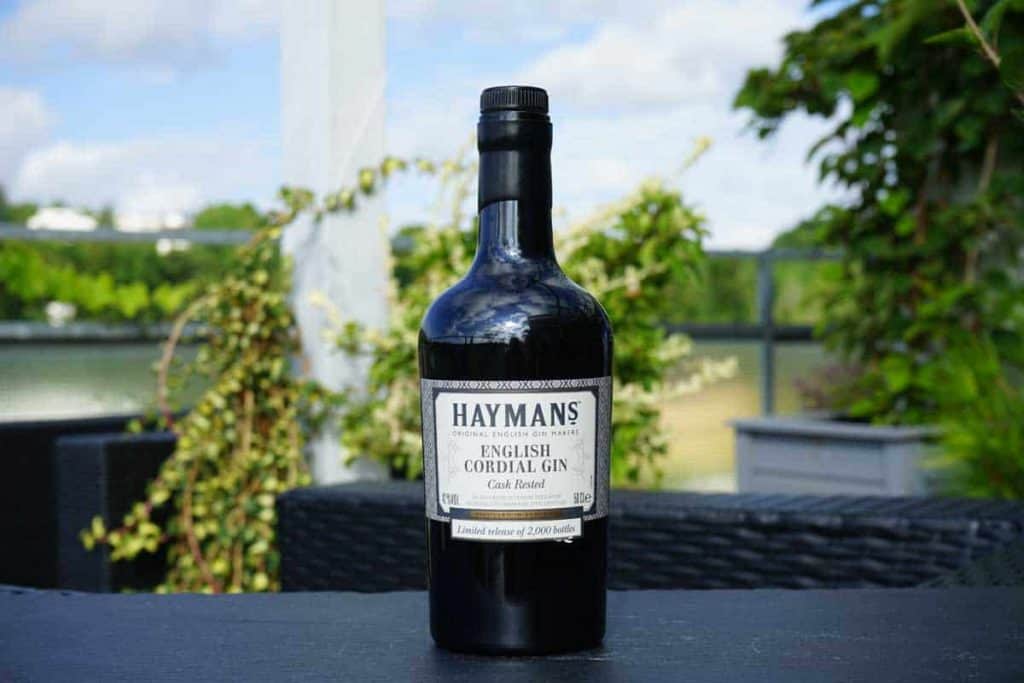 Auf einem Tisch im Freien steht eine Flasche „Haymans English Cordial Gin“, im unscharfen Hintergrund sind Grünpflanzen und ein bewölkter Himmel zu sehen.