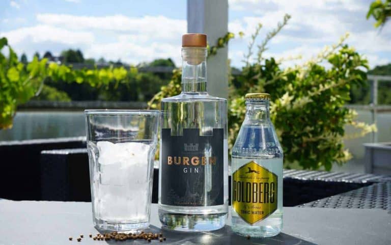 Auf einem Tisch im Freien stehen ein Glas mit Eis, eine Flasche Burgen-Gin und eine Flasche Goldberg-Tonic-Water, im Hintergrund ist ein sonniger Flussuferbereich zu sehen, und in der Nähe stehen grüne Pflanzen.