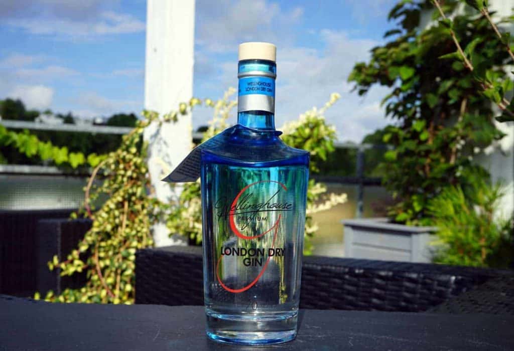 Auf einem dunklen Tisch im Freien steht eine blaue Flasche Glendalough London Dry Gin; im unscharfen Hintergrund sind grüne Pflanzen und ein Geländer zu sehen.