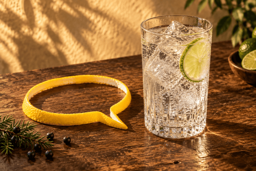 Auf einem Holztisch steht ein Glas Sprudelwasser mit Eis und einer Limettenscheibe neben einer Zitronenschale in Form einer Sprechblase – ideal, um deine liebsten Gin-Sprüche zu teilen. Außerdem sind einige Wacholderbeeren und eine Schale mit Limetten zu sehen.