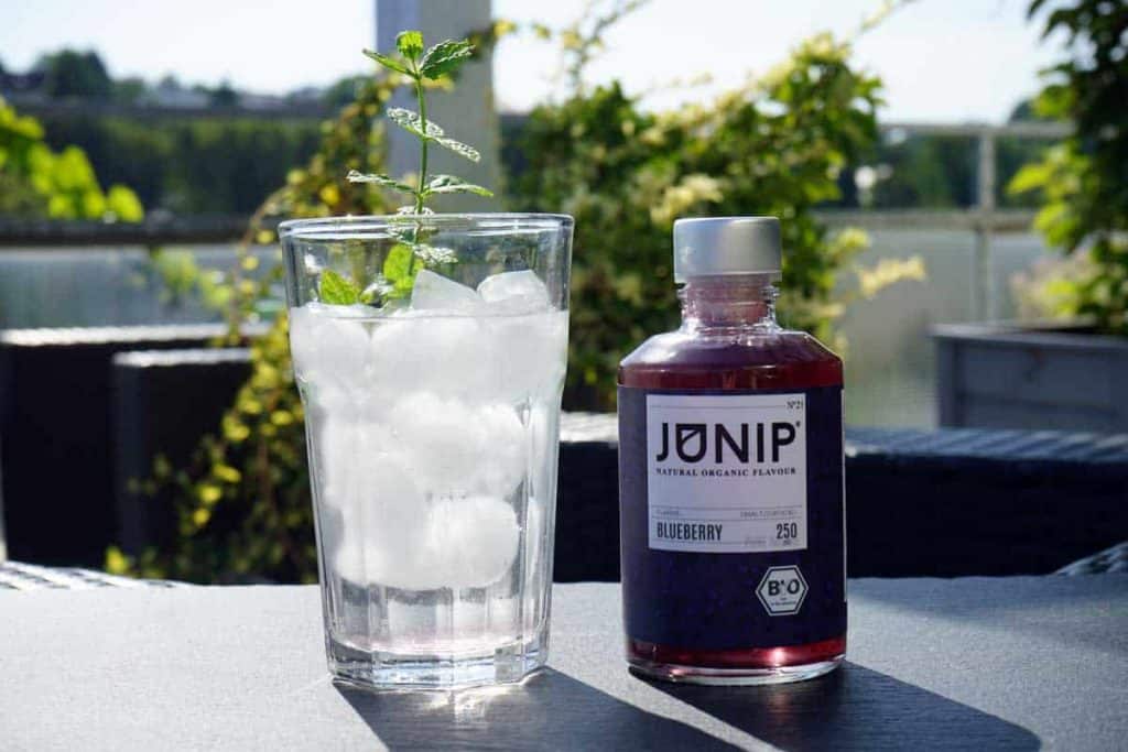 Auf einem Tisch im Freien steht ein mit Eiswürfeln und einem Minzzweig gefülltes Glas neben einer Flasche JONIP-Getränk mit Heidelbeergeschmack, im Hintergrund sind Grünpflanzen und Sonnenlicht zu sehen.