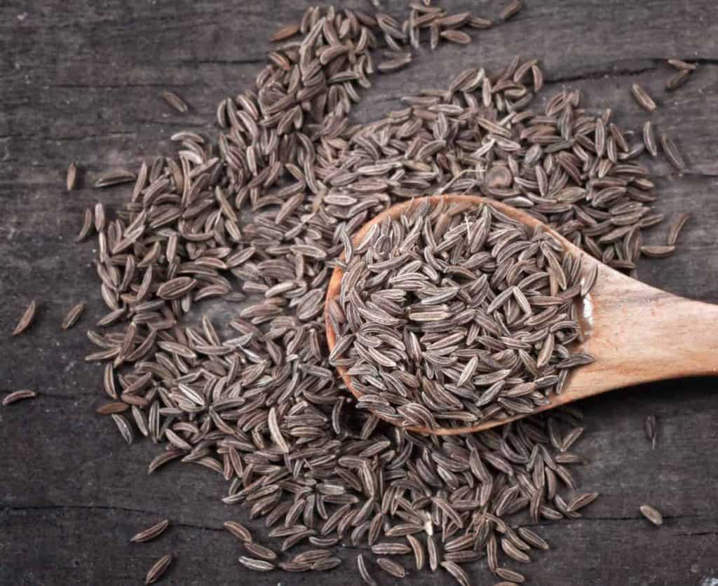 Auf einem Holzlöffel liegen braune Kümmelsamen, weitere Samen sind auf einer dunklen Holzfläche verstreut.