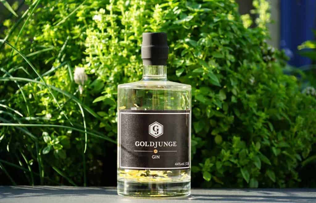 Eine durchsichtige Flasche „Goldjunge“-Gin mit schwarzem Etikett und schwarzer Kappe steht auf einer dunklen Oberfläche, im Hintergrund umgeben von üppig grünen Pflanzen.
