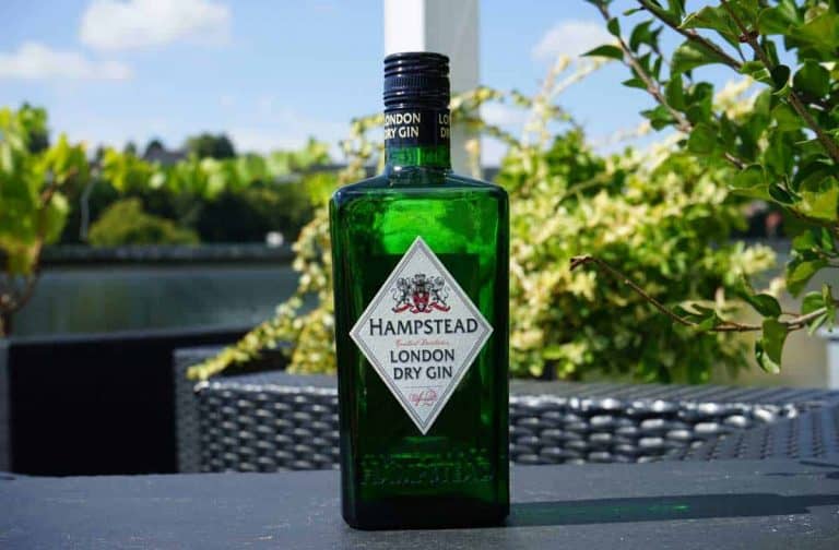Auf einem schwarzen Gartentisch steht eine grüne Flasche Hampstead London Dry Gin, umgeben von Pflanzen und vor einem verschwommenen Hintergrund aus Bäumen und Himmel.