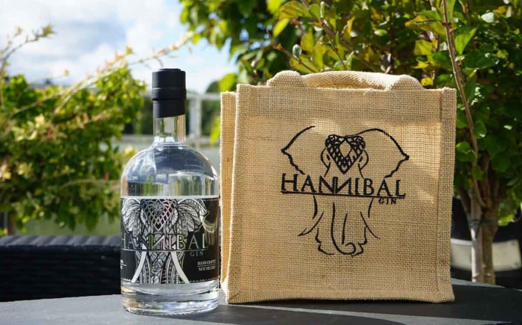 Eine Flasche Hannibal Gin steht neben einer Geschenktüte aus Sackleinen mit einem Elefantenlogo und der Aufschrift „Hannibal Gin“; im Hintergrund sind Grünpflanzen zu sehen.