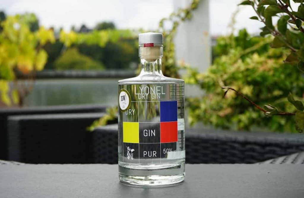 Auf einem dunklen Tisch im Freien steht eine durchsichtige Flasche Lyonel Dry Gin mit einem bunten, geometrischen Etikett und Grünpflanzen im verschwommenen Hintergrund.