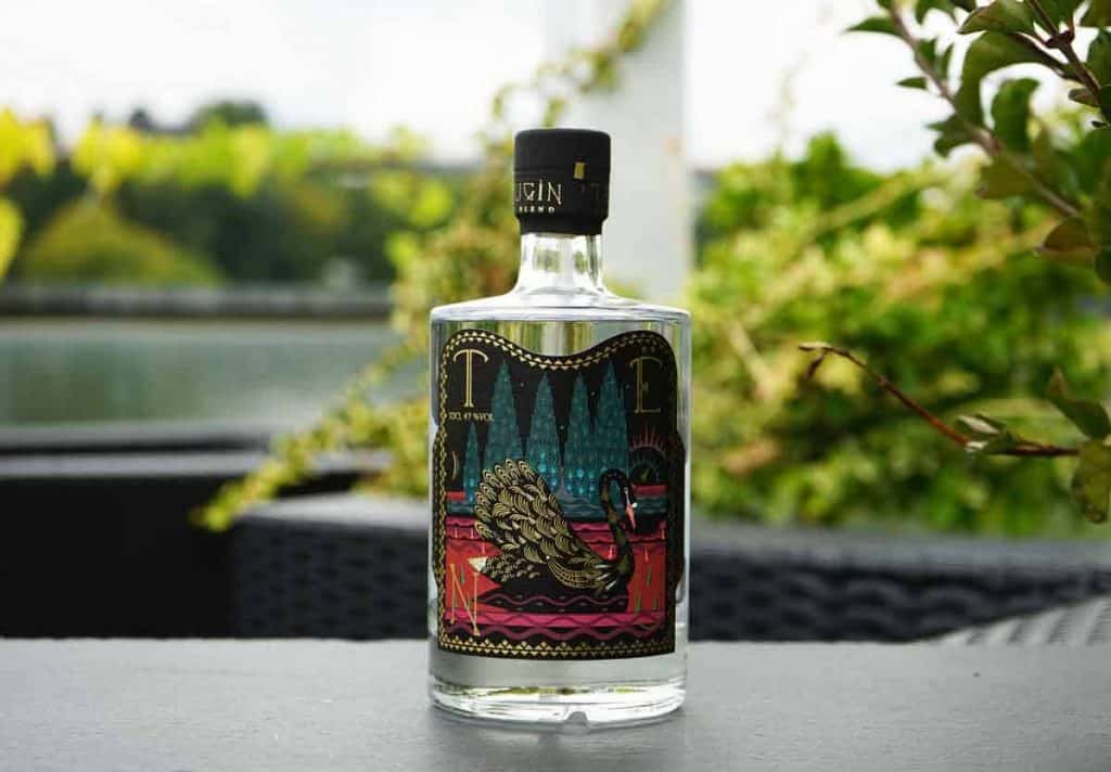 Auf einem dunklen Tisch im Freien steht eine Flasche Gin mit einem bunten Etikett, auf dem ein schwarzer Schwan abgebildet ist; im unscharfen Hintergrund sind Grünpflanzen und Wasser zu sehen.