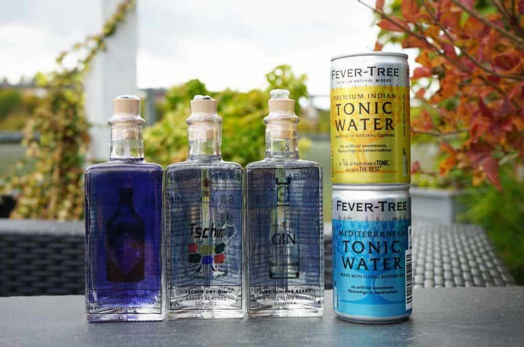Auf einem Tisch im Freien stehen drei Flaschen Gin und vier Dosen Fever-Tree-Tonic-Water, im Hintergrund ist grünes und orangefarbenes Laub zu sehen.
