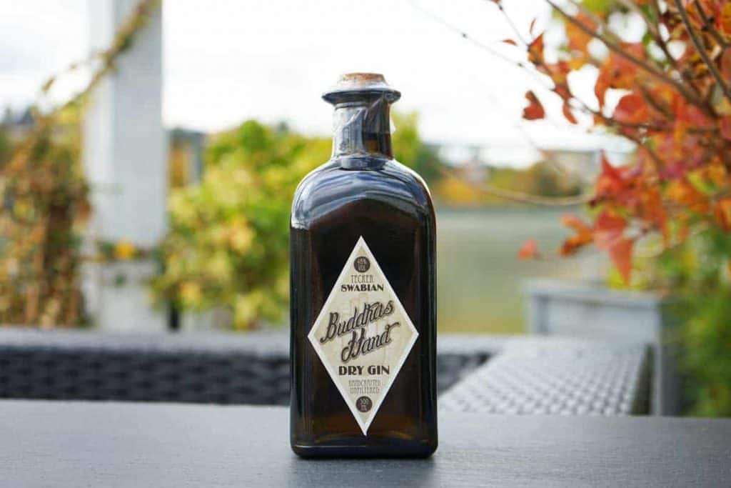 Auf einem Tisch im Freien steht eine dunkle Glasflasche „Buddhas Hand Dry Gin“ mit einem rautenförmigen Etikett. Im unscharfen Hintergrund sind herbstfarbene Blätter zu sehen.