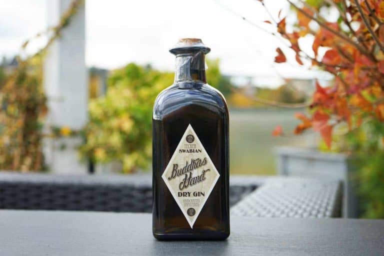 Auf einem Tisch im Freien steht eine dunkle Glasflasche „Buddhas Hand Dry Gin“ mit einem rautenförmigen Etikett. Im unscharfen Hintergrund sind herbstfarbene Blätter zu sehen.