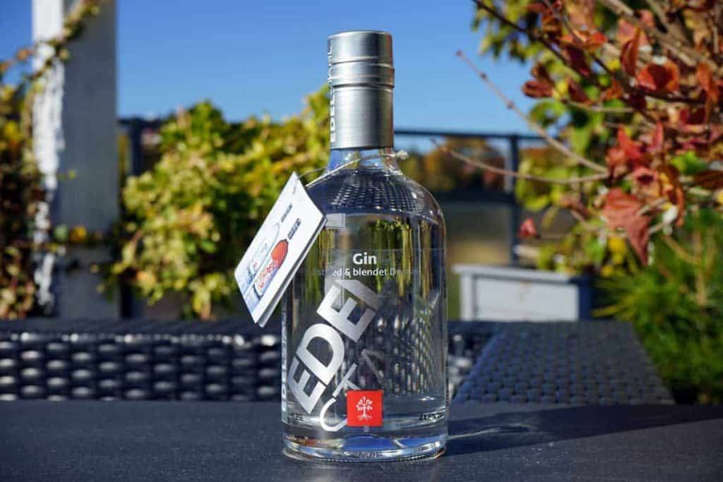 Auf einem Tisch im Freien steht eine Gin-Flasche aus klarem Glas mit einem silbernen Verschluss, umgeben von grünem und rotem Laub. Am Flaschenhals hängt ein Etikett mit der Aufschrift „Gin“ und einem modernen Markenlogo.