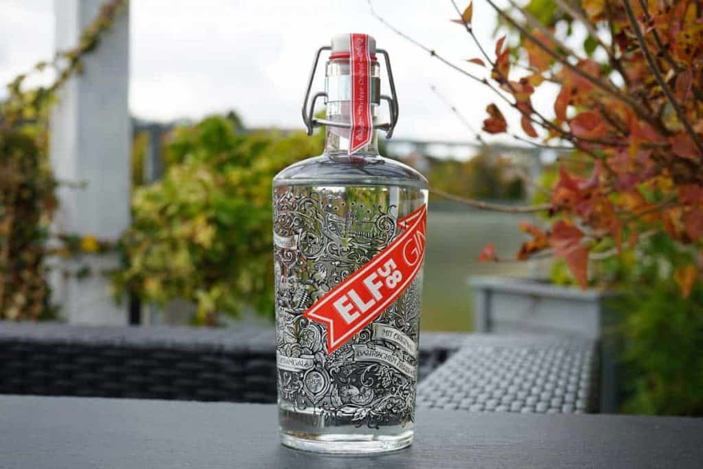 Auf einem dunklen Tisch im Freien steht eine klare Glasflasche ELEF Gin mit dekorativen Illustrationen und einem roten Etikett, im Hintergrund sind Herbstblätter und Grünpflanzen verschwommen zu sehen.