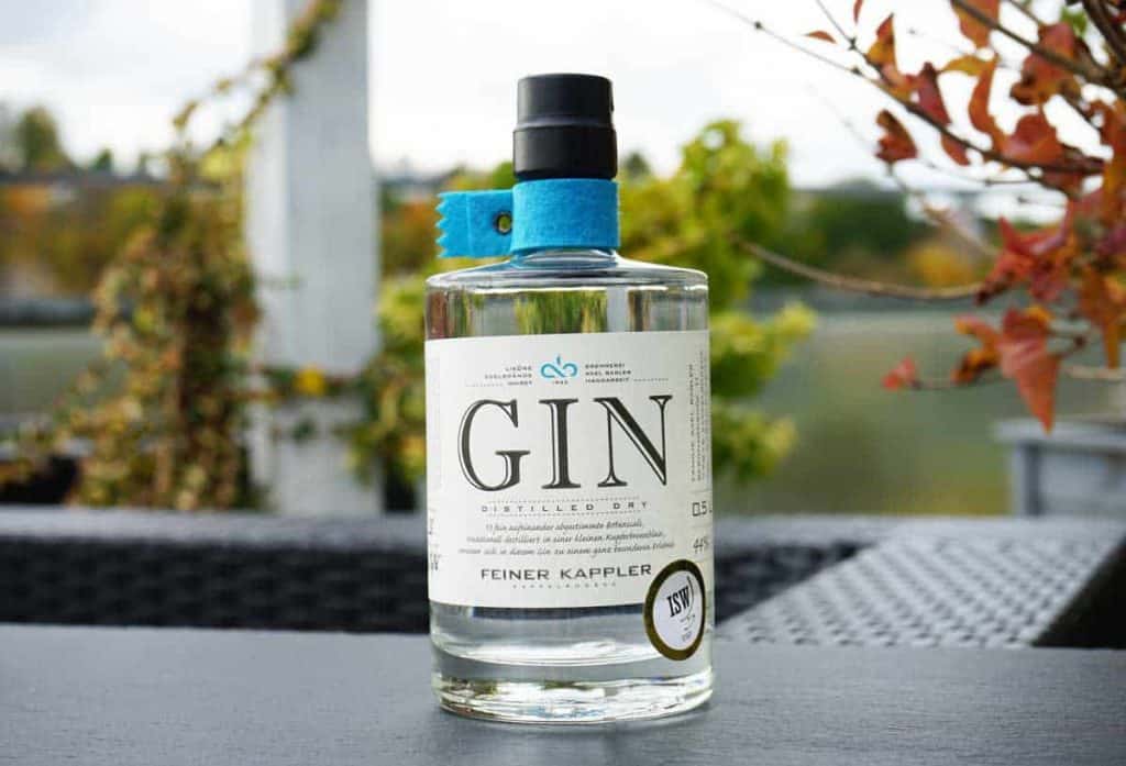 Auf einem Tisch im Freien steht eine durchsichtige Gin-Flasche mit der Aufschrift „GIN Distilled Dry Feiner Kappler“, im Hintergrund sind Grünpflanzen und verschwommene Blätter zu sehen.