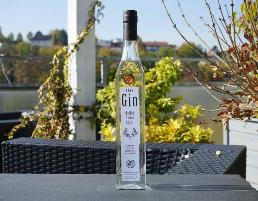Auf einem dunklen Tisch im Freien steht eine hohe, durchsichtige Flasche Sloe Gin mit einem schwarzen Verschluss. Im Hintergrund sind im hellen Sonnenlicht Grünpflanzen, ein Balkongeländer und Gebäude zu sehen.