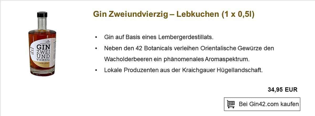 Eine Flasche Gin „Zweiundvierzig“ mit einer Beschreibung seines Lebkuchen-Geschmacks, einem Preis von 34,95 EUR und einem Button zum Kauf auf Gin42.com. Der Text listet die Botanicals und die regionale Herkunft aus der Kraichgauer Hüggellandschaft auf.