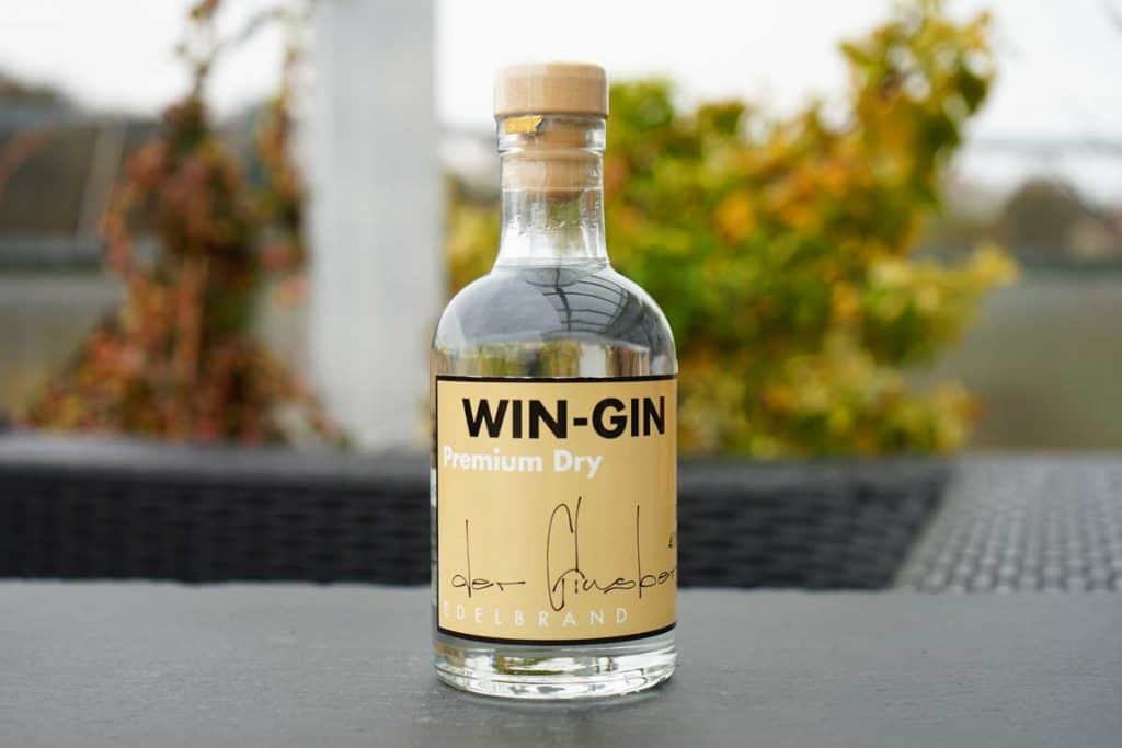 Eine durchsichtige Glasflasche mit der Aufschrift „WIN-GIN Premium Dry“ steht im Freien auf einer dunklen Fläche, im Hintergrund ist verschwommenes grünes und gelbes Laub zu sehen.