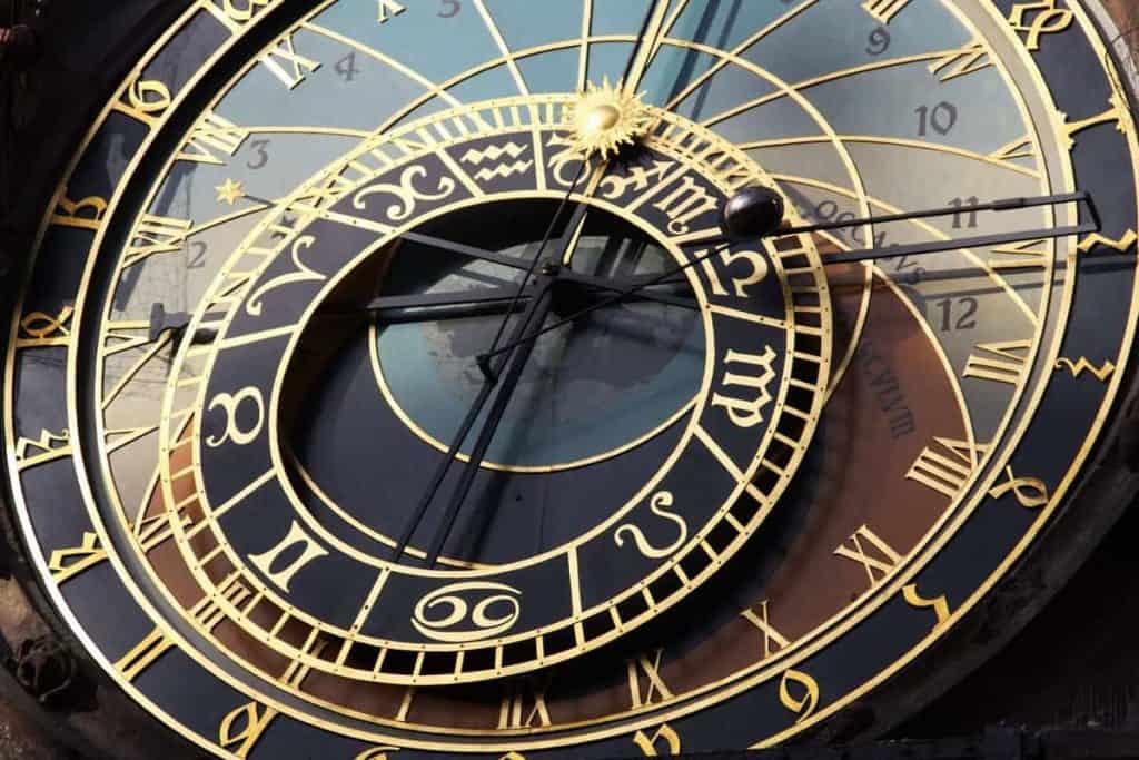 Nahaufnahme eines kunstvoll verzierten astronomischen Zifferblatts mit goldenen und schwarzen Details, auf dem Zahlen, Tierkreiszeichen sowie verschiedene Zifferblätter und Zeiger zu sehen sind, die in unterschiedliche Richtungen zeigen.