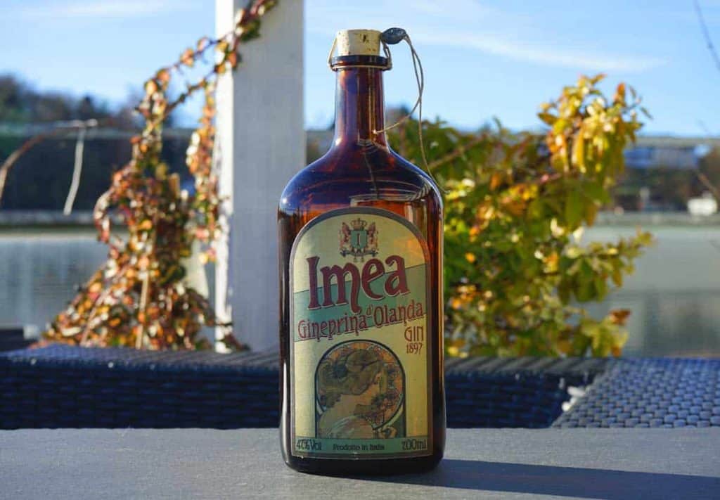 Auf einem Tisch im Freien steht eine braune Flasche mit der Aufschrift „Imea Gineprina dOlanda Gin“, im Hintergrund sind Herbstblätter, ein See und Bäume zu sehen.