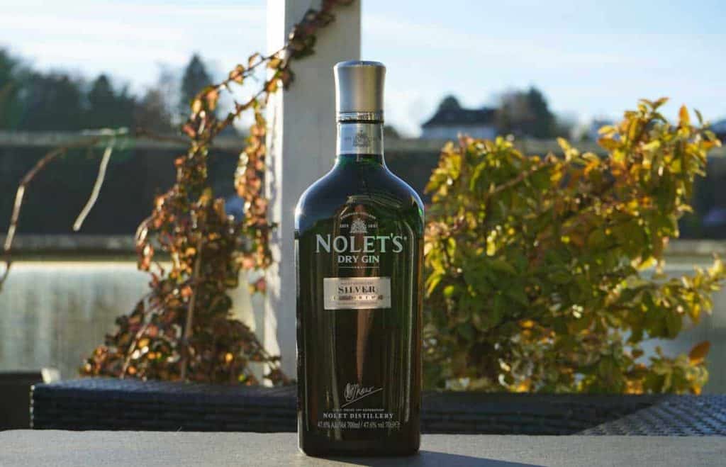 Auf einem Tisch im Freien, umgeben von Pflanzen und vor einem verschwommenen Hintergrund aus Bäumen und Gebäuden, steht eine Flasche NOLETS Dry Gin. Das Sonnenlicht lässt die Flasche und das umgebende Grün strahlen.