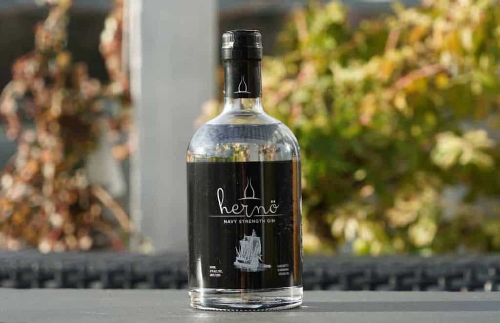 Eine Flasche Hernö Navy Strength Gin mit schwarzem Etikett steht im Freien auf einer dunklen Oberfläche, im Hintergrund ist verschwommenes grünes Laub zu sehen.