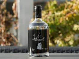 Eine Flasche Hernö Navy Strength Gin mit schwarzem Etikett steht im Freien auf einer dunklen Oberfläche, im Hintergrund ist verschwommenes grünes Laub zu sehen.