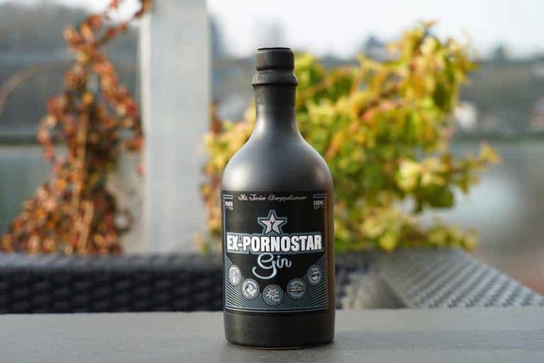 Auf einem dunklen Tisch im Freien steht eine schwarze Flasche mit der Aufschrift „Ex-Pornostar Gin“, im Hintergrund sind grünes Laub sowie ein verschwommener Fluss und eine Brücke zu sehen.