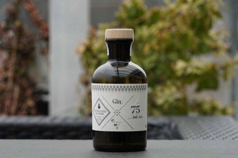 Eine dunkle Glasflasche mit einem beigen Verschluss und einem weißen Etikett mit geometrischen Mustern und Text, die auf einer grauen Fläche steht, im Hintergrund ist verschwommenes Grün zu sehen.