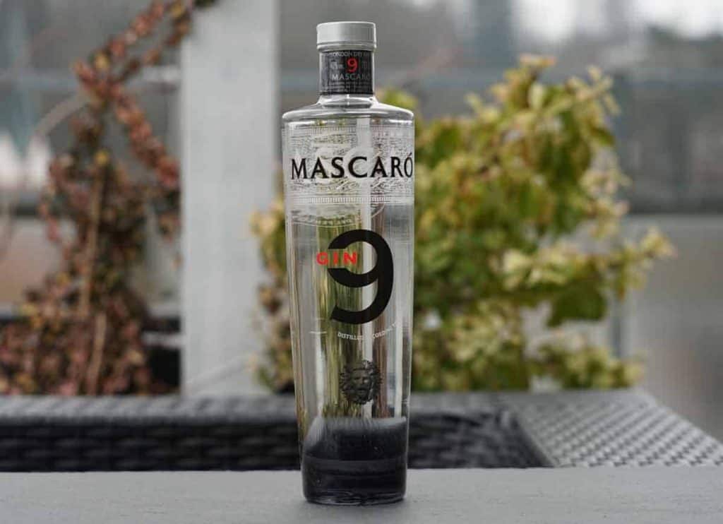 Eine durchsichtige Flasche Mascaró Gin 9 steht auf einem dunklen Tisch im Freien, im Hintergrund sind verschwommene grüne Pflanzen und ein Geländer zu sehen.