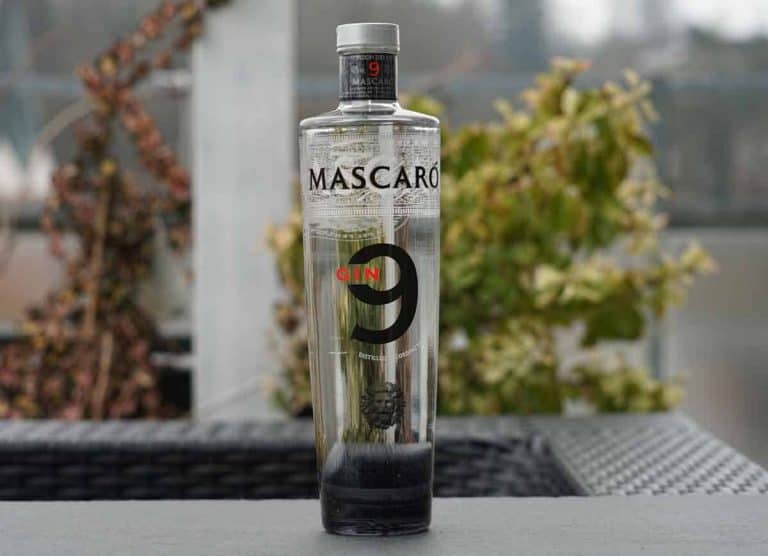 Eine durchsichtige Flasche Mascaró Gin 9 steht auf einem dunklen Tisch im Freien, im Hintergrund sind verschwommene grüne Pflanzen und ein Geländer zu sehen.
