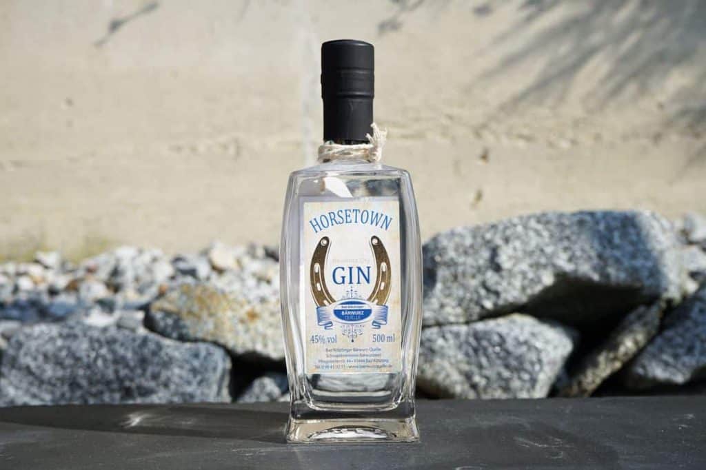 Eine klare Glasflasche mit „Horsetown Gin“ und einem schwarzen Verschluss steht auf einer dunklen Fläche, im Hintergrund sind Felsen und eine beige Wand zu sehen. Auf dem Etikett sind Hufeisen und blauer Text abgebildet.