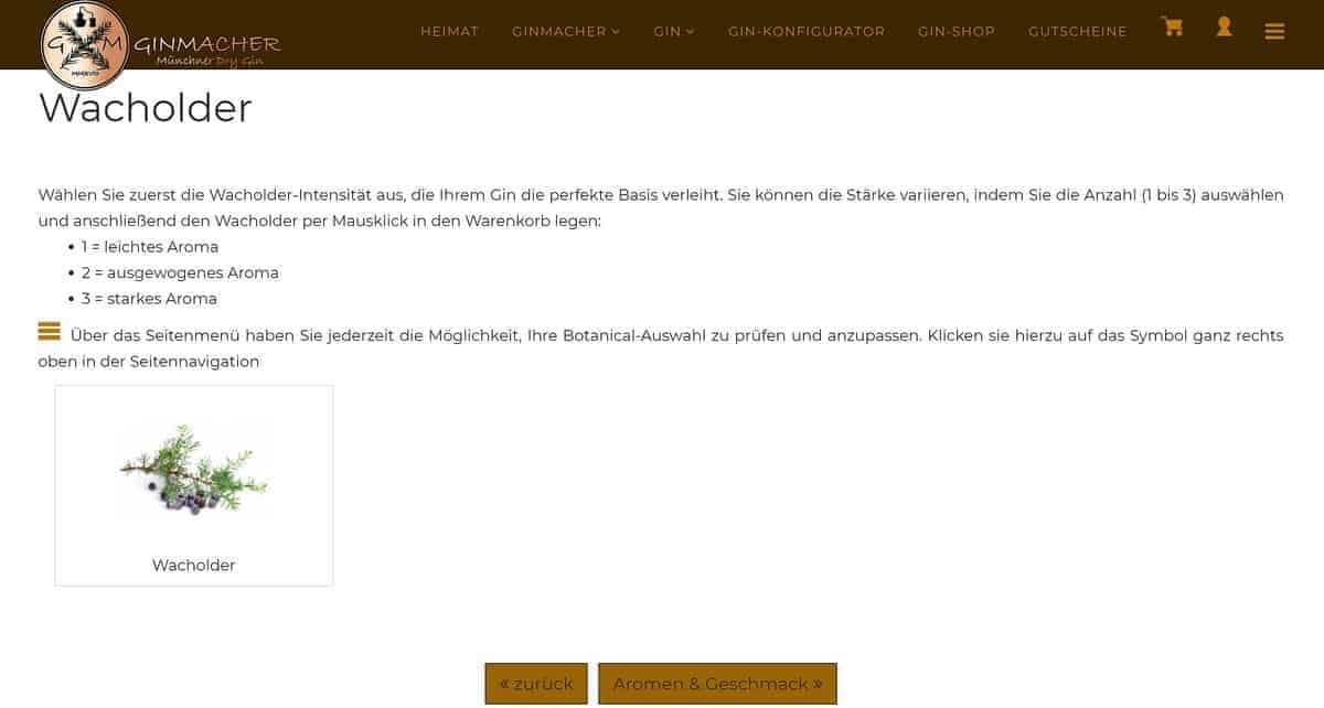 Screenshot einer Webseite von Ginmacher, auf der Optionen zur Auswahl der Wacholderintensität für einen individuellen Gin zu sehen sind, zusammen mit einem Foto von Wacholderbeeren und -zweigen. Unten befinden sich die Schaltflächen „Zurück“ und „Aromen & Geschmack“.