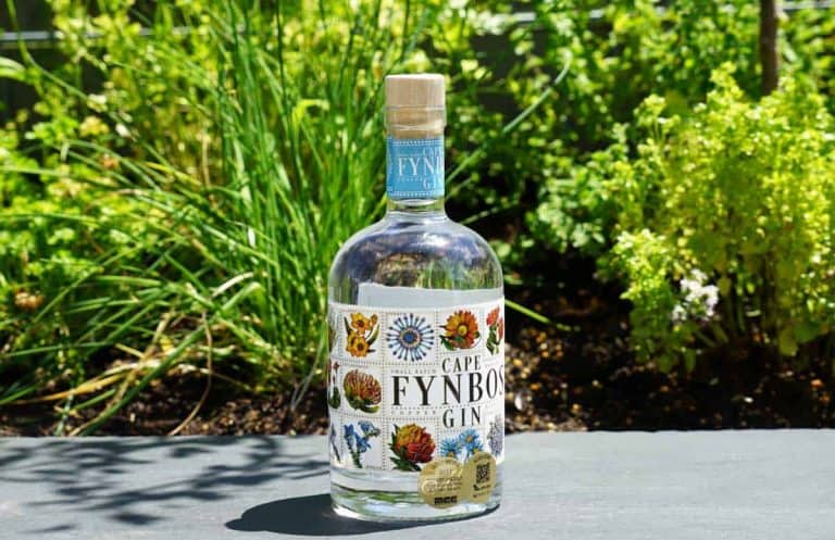 Eine Flasche Cape Fynbos Gin mit einem blumigen Etikett steht im Freien auf einer grauen Fläche, im Hintergrund sind grüne Pflanzen und Kräuter zu sehen.
